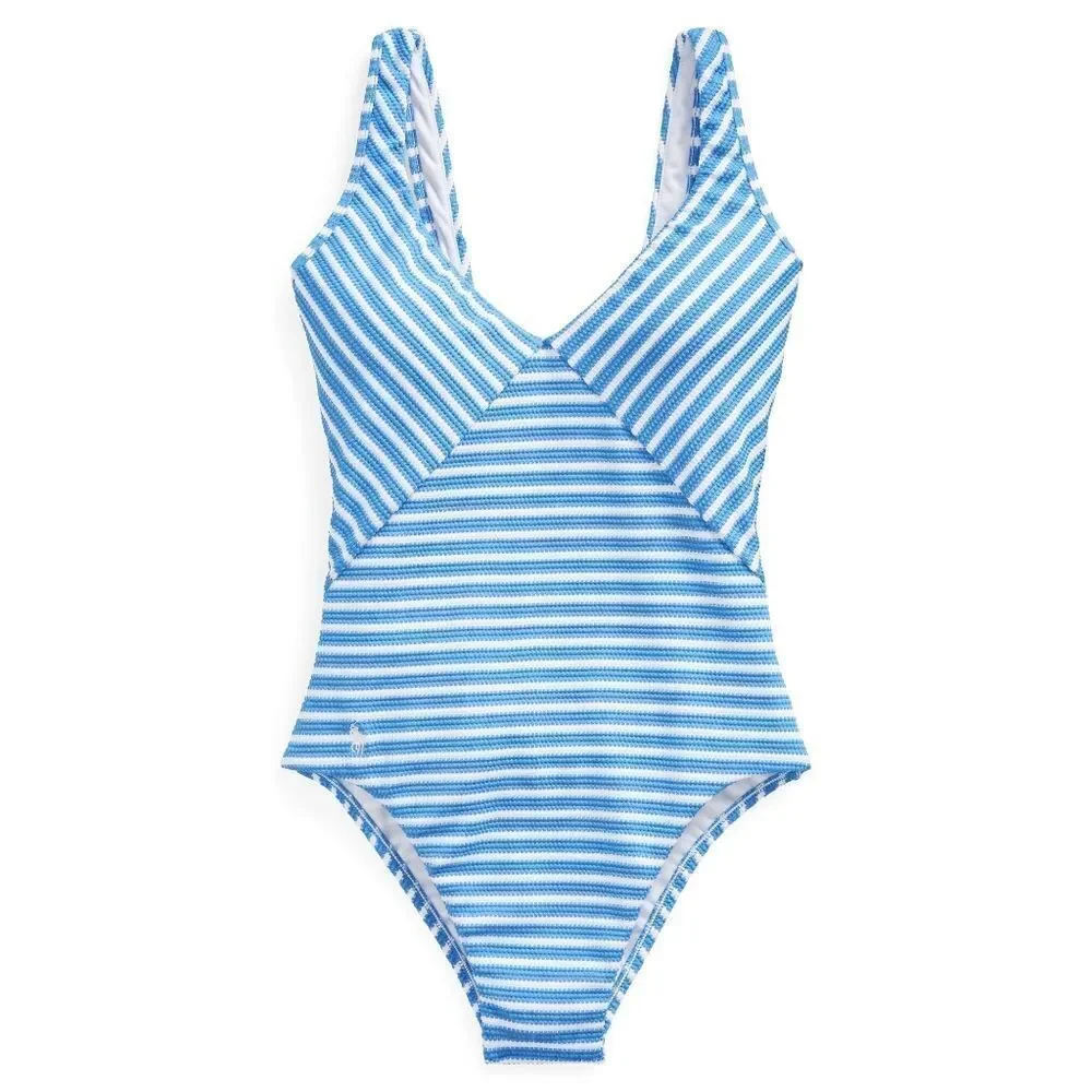 New! POLO RALPH LAUREN Striped Lace-up One-Piece Swimsuit Bathing Suit Blue